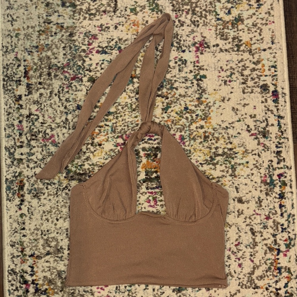 Princess Polly Tan Ribbed Halter Top - Picture 2 of 5